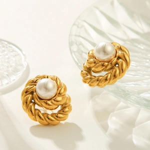 Vintage Rope Twist Stud Earrings With Faux Artificial Pearl Stainless Steel 18K Gold Plated French Style Geometric Jewelry For Women