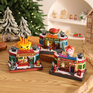 Christmas glowing musical box miniature shops with Santa Claus resin ornaments and LED lights