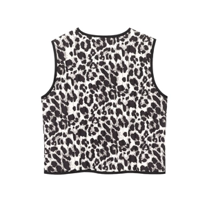 Gesteppte Damenweste mit modischem schwarz-weißem Leoparden-Tiermuster-Design