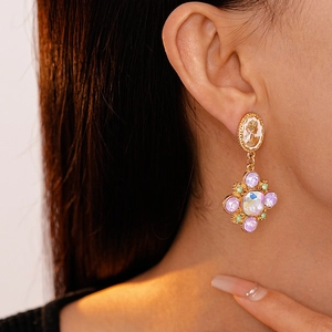 Vintage French court style earrings with portrait cameo and colorful floral pendants