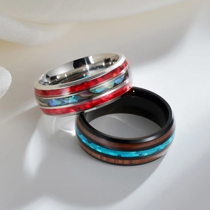 Titanium steel ring set with koa wood inlay and colorful opal abalone shell accents