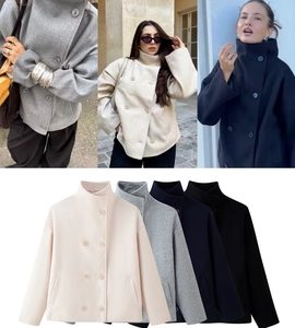 Detailed collage of double-breasted wool coats in beige, gray, navy blue and black colors
