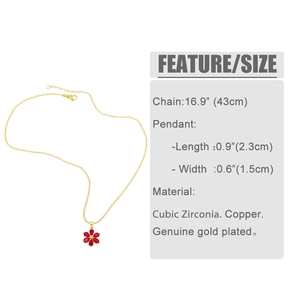 Detail of red floral pendant with cubic zirconia and gold-plated copper chain length