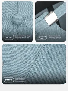 Macro details of denim docker hat showing top button and adjustable metal buckle