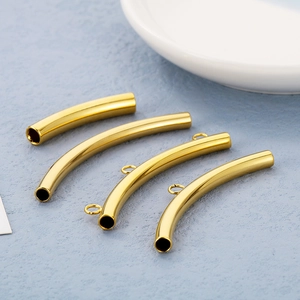 Polished gold stainless steel hollow curved tube beads with hanging rings for jewelry DIY
