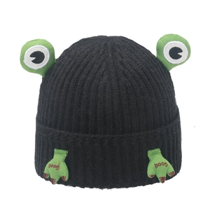 Cute black frog-themed knitted hat with green eye decorations and Good embroidery