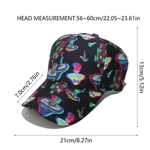 Detailed size chart for black baseball cap with mushroom print and dimensions