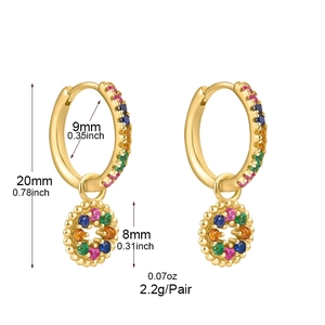 Detailed size specifications for gold earrings with colorful zircon stones and 20mm length