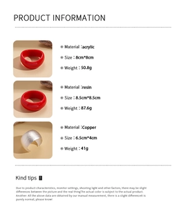 Detailed size and weight specs for acrylic resin and copper bangles on beige background