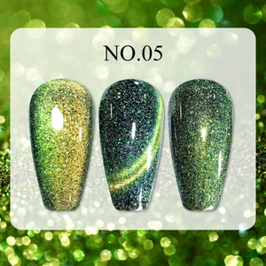 Macro detail of NO.05 green cat-eye nail polish with shimmering magnetic crystal effects