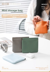 Detailed view of mini PU leather pouches in orange, grey, green, and blue with spring closure