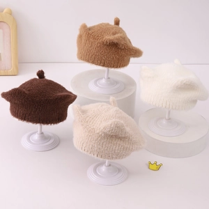 Béret En Peluche Fausse Fourrure Pour Enfants Avec Oreilles De Chat Hiver Chaud Coupe-vent Bonnet D'artiste Pour Fillettes