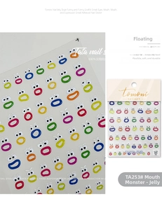 Detail of 5D embossed funny mouth nail stickers with colorful cartoon graffiti textures