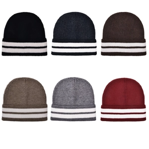 Thick wool knit striped beanie hats for men and women in six colors with sporty white bands