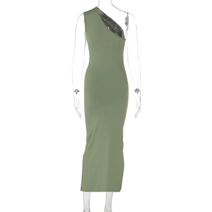 Detail view of grass green one-shoulder slim fit maxi dress with elegant side slit design