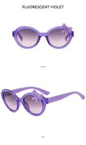 Front and side view of violet glitter kids sunglasses with a 3D bow accent on the lens