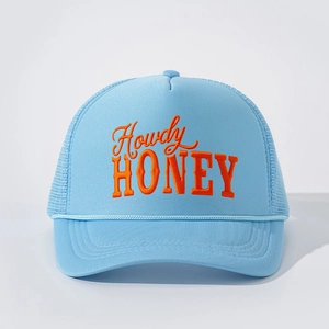 Light blue trucker hat with orange Howdy HONEY embroidery and vintage mesh back