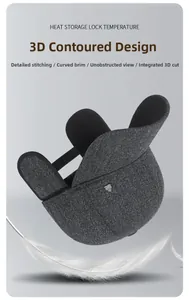 Detail of dark grey winter baseball cap featuring folding earflaps and warm fleece lining