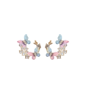 Sparkling butterfly stud earrings with pink and blue enamel and silver needle in gold finish