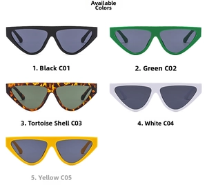 Detailed grid showing five color variants of trendy cat-eye narrow frame sunglasses