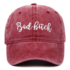 Vintage burgundy washed cotton baseball cap with Bad Bitch embroidery for street fashion