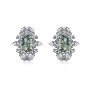 Vintage S925 silver stud earrings with oval green moss agate stones and white crystals