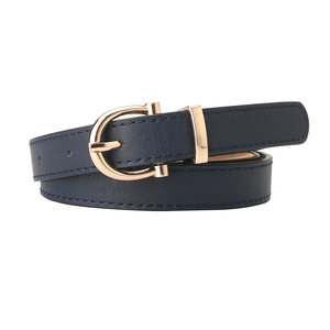Navy blue slim faux leather belt for women with elegant golden horseshoe buckle