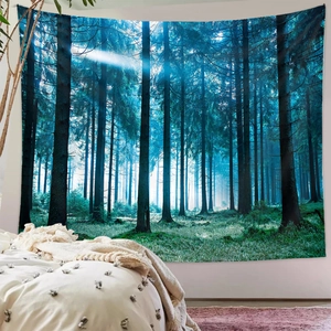 Detailed view of forest landscape tapestry hung on a modern minimalist bedroom wall