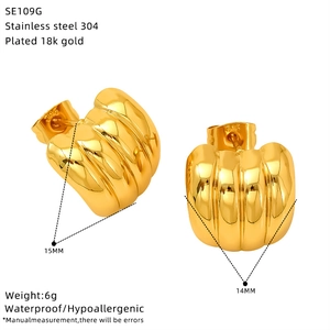 Detail view of 18k gold plated 304 stainless steel earrings showing dimensions 15x14mm