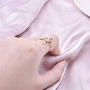 Minimalist gold 304 stainless steel open ring with hollow star design on a finger