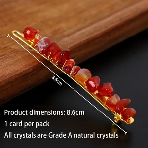 Handmade golden hair clip with natural reddish-brown crystal stones 8.6cm length