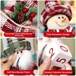 Retro-Weihnachtspuppen mit Karo-Hüten und Holz-Kalenderblöcken für die Festtagsdekoration