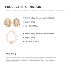 Detailed product size and weight specifications for retro pearl and rhinestone jewelry set