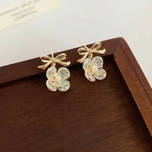 Flower Bow Tie Stud Earrings With Silver Earring Post Gold Plated Copper Imitation Artificial Pearl Sweet Style For Women