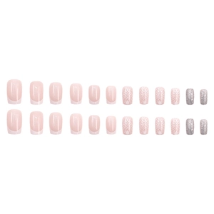 Baroque white french press-on nails with lace patterns and silver glitter 24pcs set