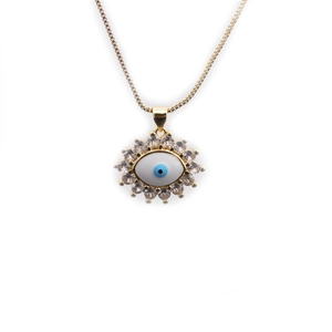 Golden necklace with evil eye sunflower pendant featuring blue center and clear zircons