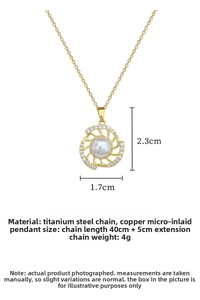 Detail view of gold titanium steel necklace with a pearl sunburst pendant and dimensions
