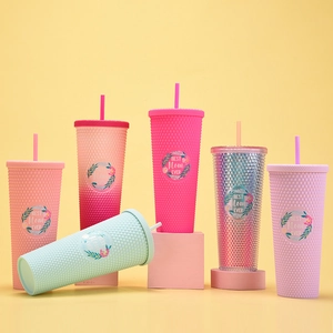 Studded Tumbler With Straw Reusable Double Layer Plastic Water Cup Diamond Texture Floral Best Mom Ever Gift For Women