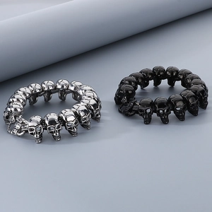 Detailed view of silver and black gothic skull bracelets made of 304 stainless steel