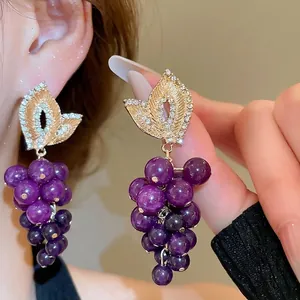 Boucles D'oreilles Grappe De Raisin 925 Argent Fin Perles Violettes Alliage Feuille Strass Bijoux Vintage Femmes