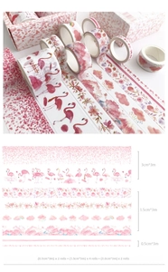 Detail view of pink washi tape set featuring cherry blossom and flamingo patterns