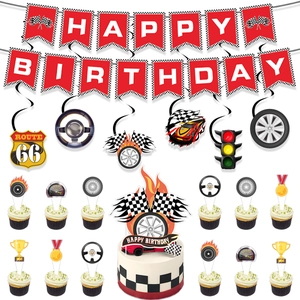 Kit fête de course avec bannière Happy Birthday et spirales décoratives drapeau damier