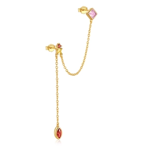 Detail of S925 silver chain earring with colorful zircon and tassels in gold finish