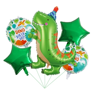 5-piece green dinosaur balloon set including T-Rex foil balloon for birthday party decoration