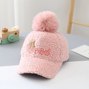 Pink teddy fleece baseball cap with fluffy pom-pom and cute bear embroidery detail