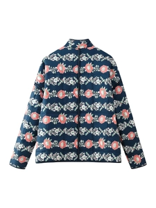 Rear view of long sleeve quilted jacket with navy floral print and straight cut