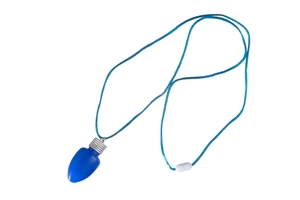 Close-up of a blue LED Christmas bulb necklace with silver base and blue cord detail