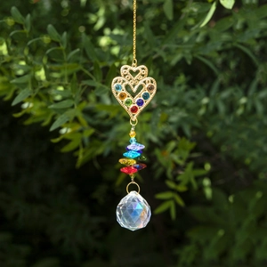 Crystal Suncatcher Hanging Ornament Colorful Faux Crystal Prism Rainbow Maker Heart Sun Design For Window Garden Decor