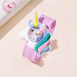 Pink cartoon unicorn slap watch for kids with 3D silicone strap and analog dial
