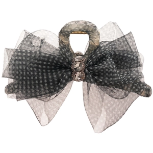 Polka dot mesh bow hair claw clip with crystal rhinestones and golden metal spring